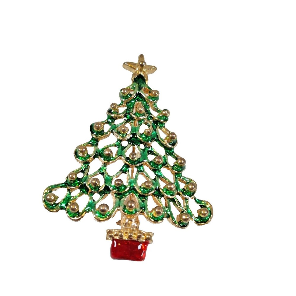 VGT Christmas Tree ~ Holiday Brooch - 1.75" x 2.25" Enameled Gold-Tone - 3 & 23